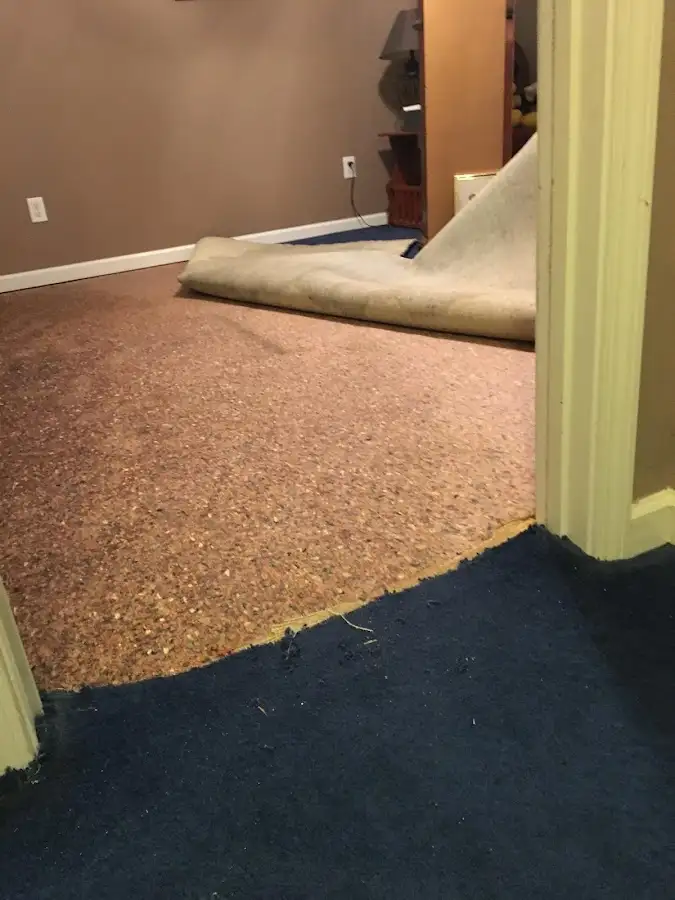 Carpet pad removal revealing water damage during Drying & Dehumidification in Schuyler Falls